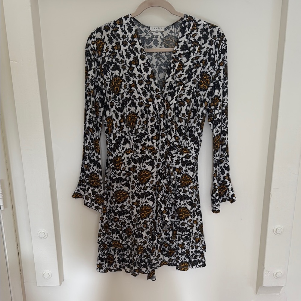 Sandro Black and Brown Floral Long Sleeve Dress